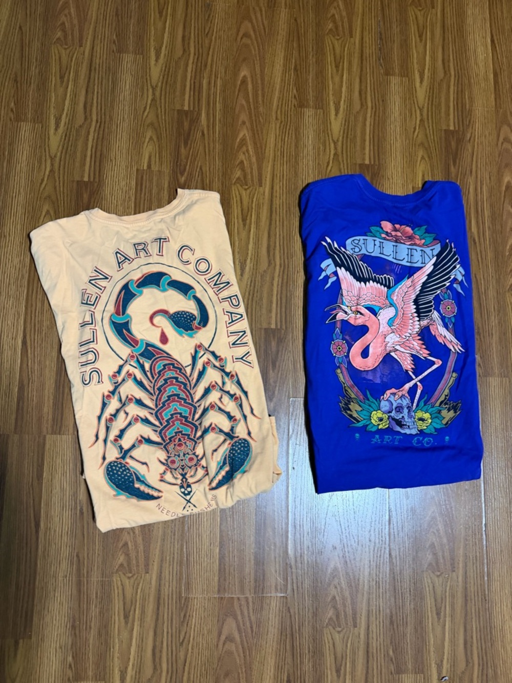 Sullen Art Collective 2 Shirt Bundle Size XL. Orange Scorpion & Purple Flamingo